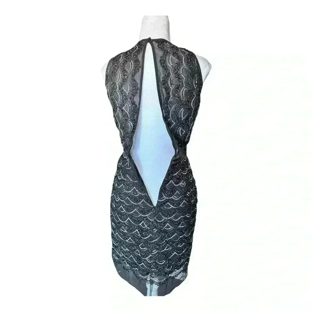 TFNC High Neck Mini Scallop Black & Silver Sequin Fitted Dress Women’s 6 - Picture 7 of 11